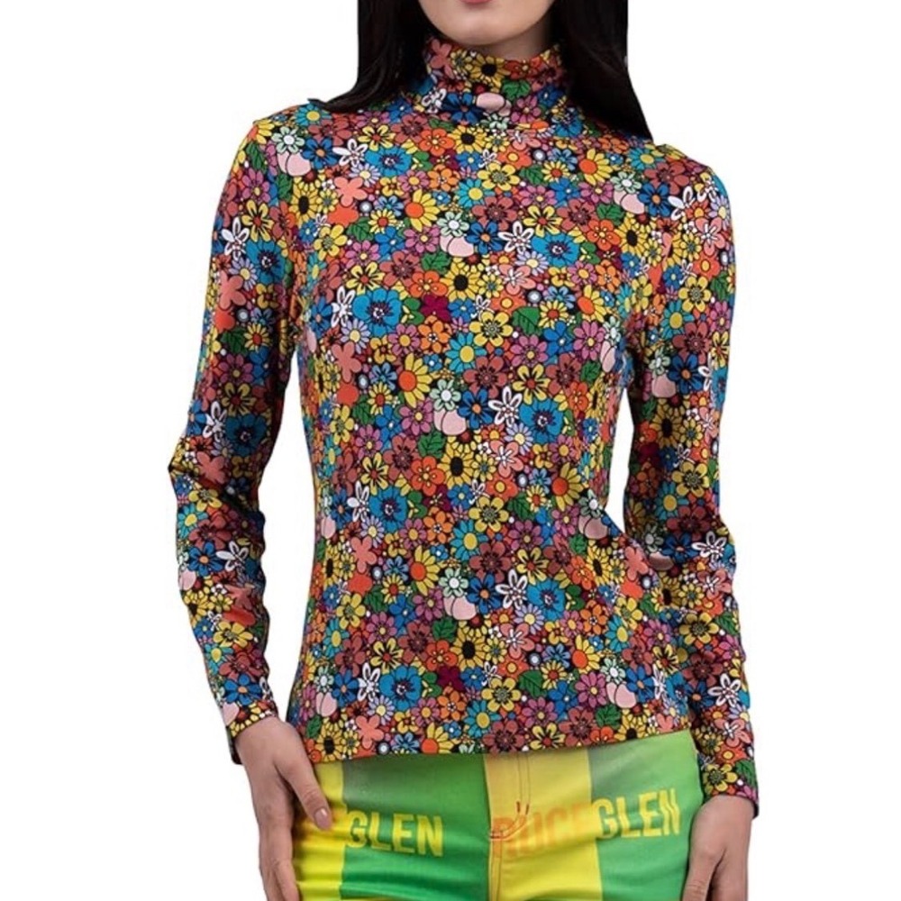 BruceGlen Psych‎ Floral Turtleneck Top Multicolor Retro Long Sleeve XXL NEW